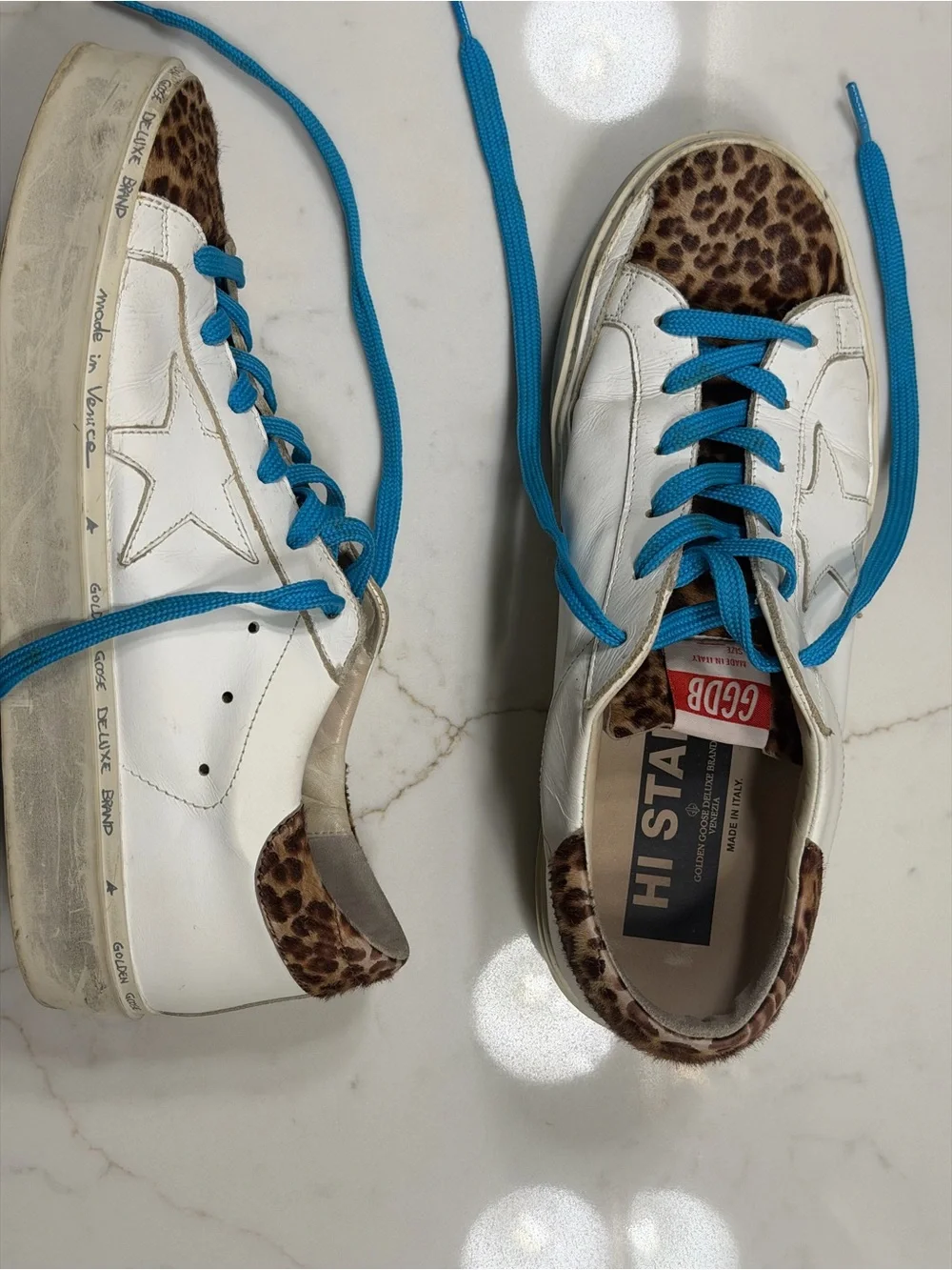 GG Hi Star White Leather Sneakers with Leopard Trim and Blue Laces